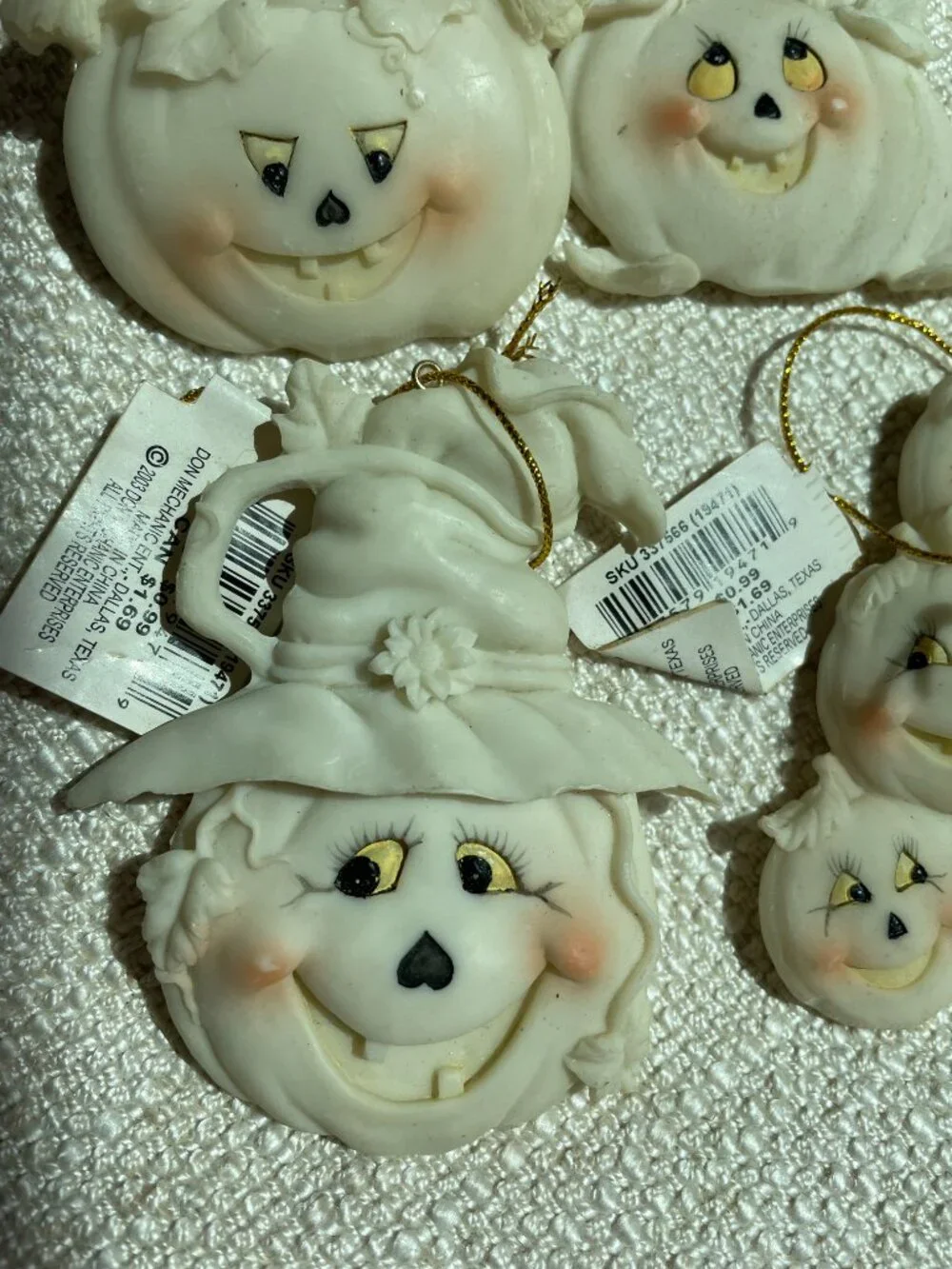 (5) Vintage Halloween Witch Cat Ghost Pumpkin Resin Ornaments NWT Lot